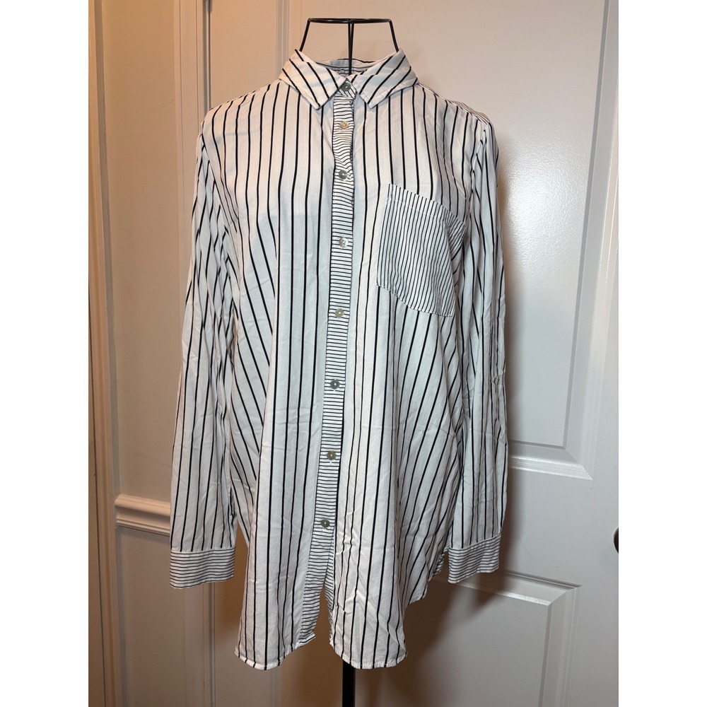 Jane + Delancey Womens White‎ Black Striped Button Back Tunic Shirt-Medium